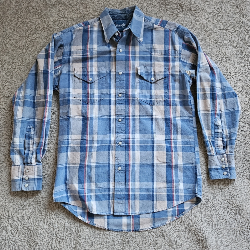 Mens Wrangler Large Blue Plaid western pearl snap shirt
